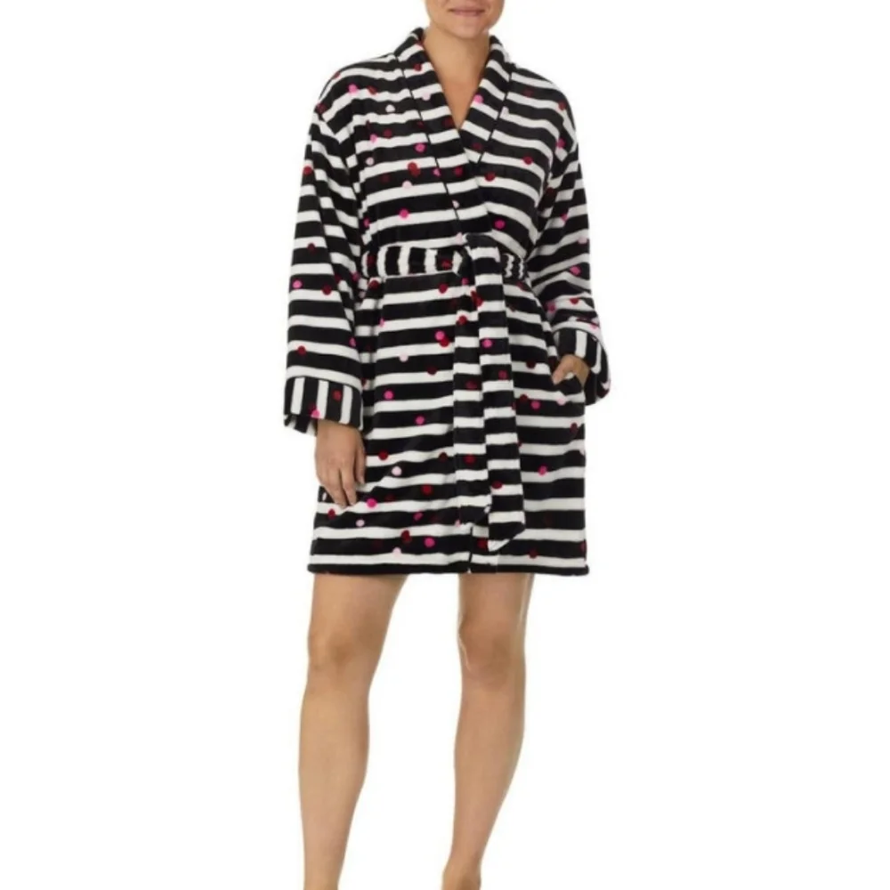 Kate‎ Spade New York® Chenille Wrap Robe Black & White Striped With Polka Dots M